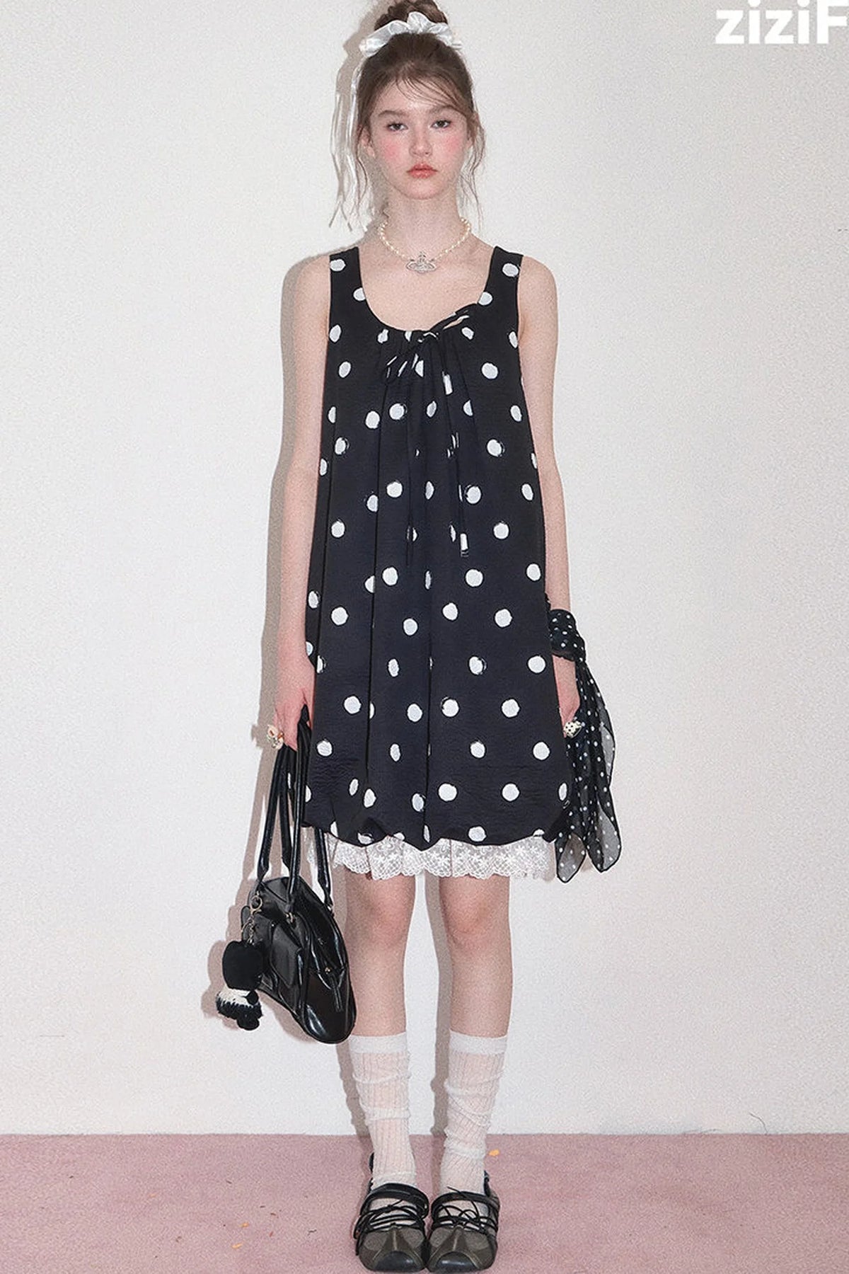 Black Polka Dot Sleeveless Lace Hem Dress
