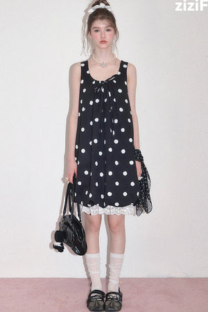Black Polka Dot Sleeveless Lace Hem Dress