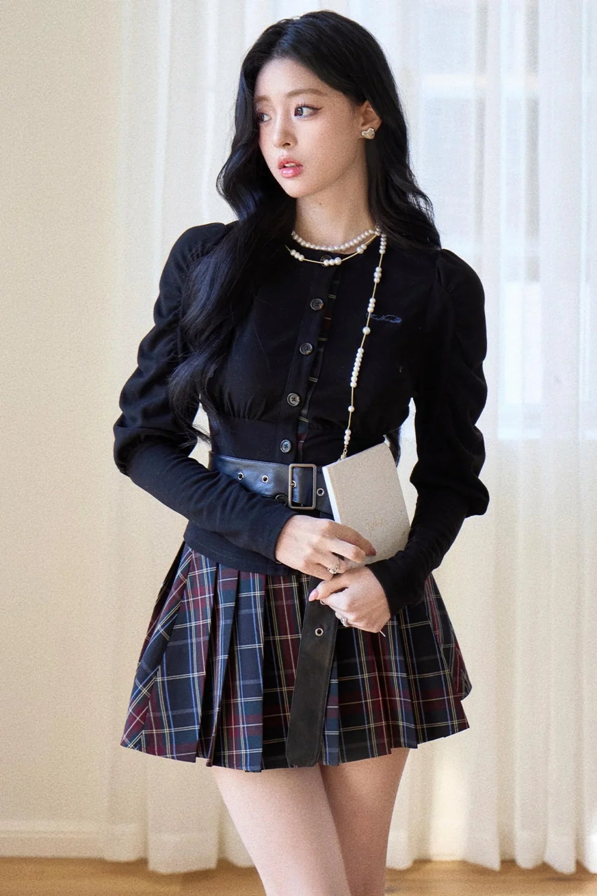 Black Puff Sleeve Shirt With Belt Set-Up