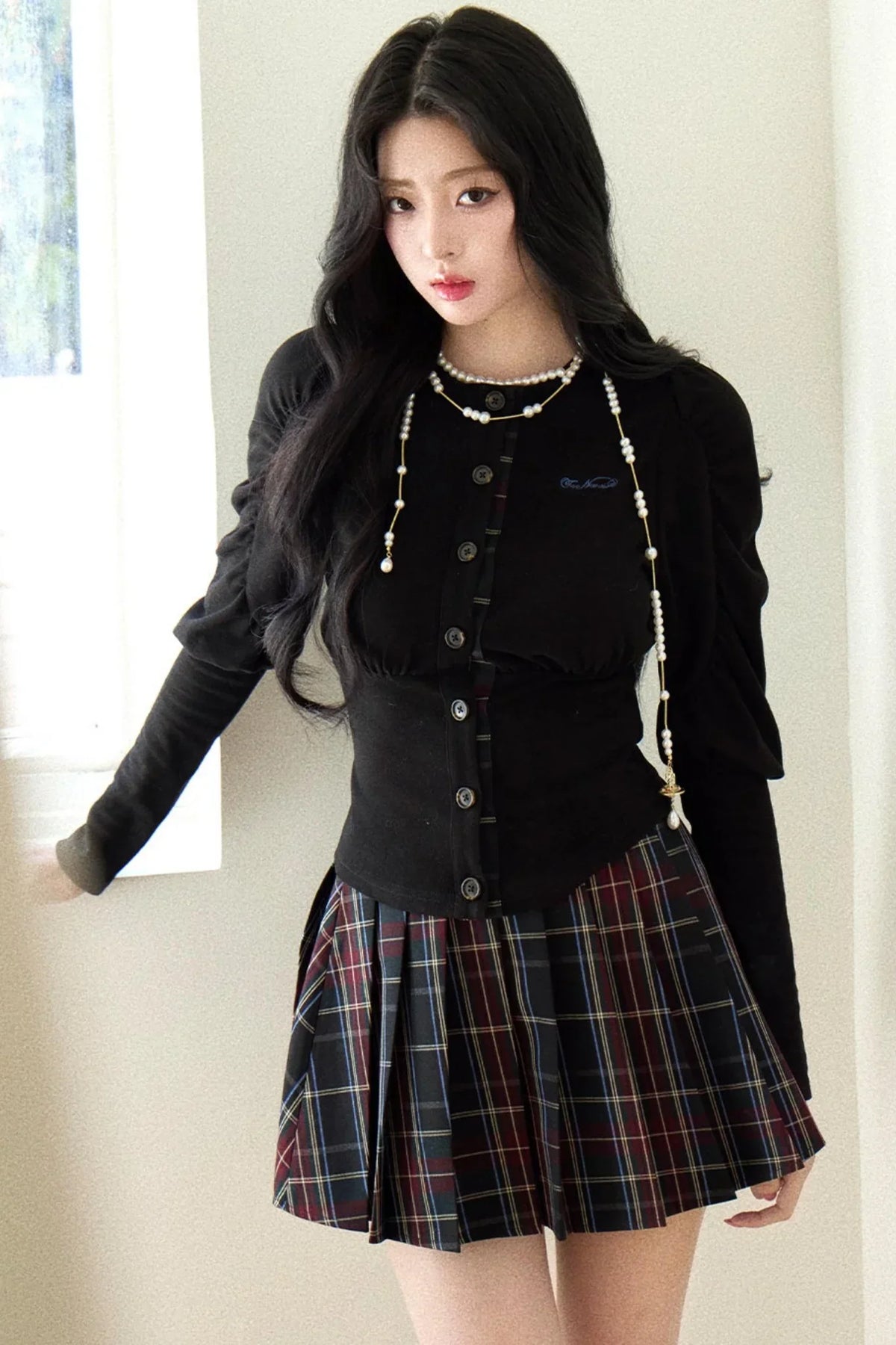 Black Puff Sleeve Shirt With Belt Set-Up