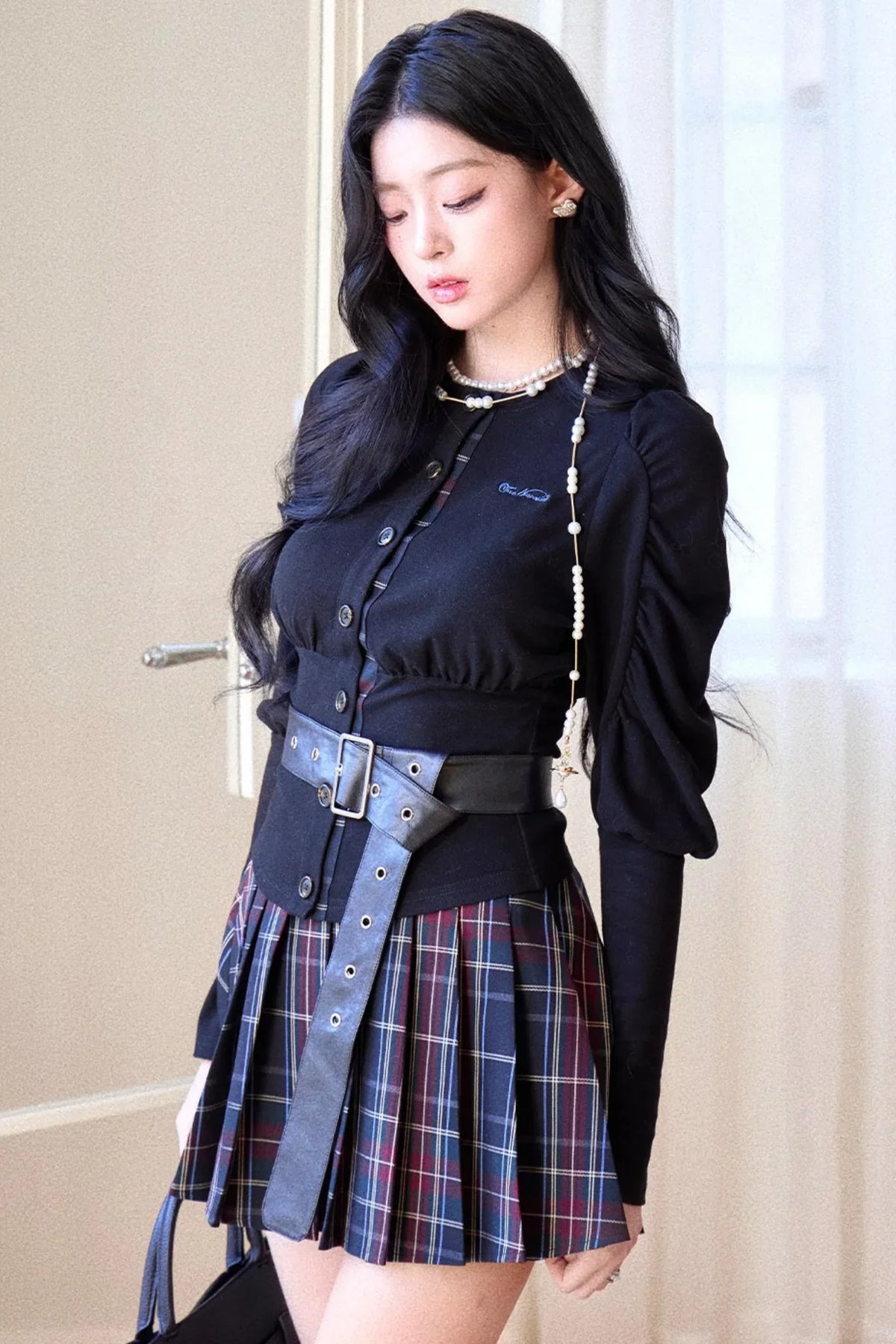 Black Puff Sleeve Shirt With Belt Set-Up