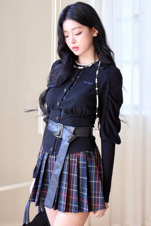 Black Puff Sleeve Shirt With Belt Set-Up