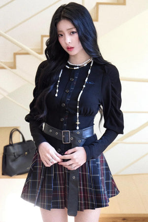Black Puff Sleeve Shirt With Belt Set-Up