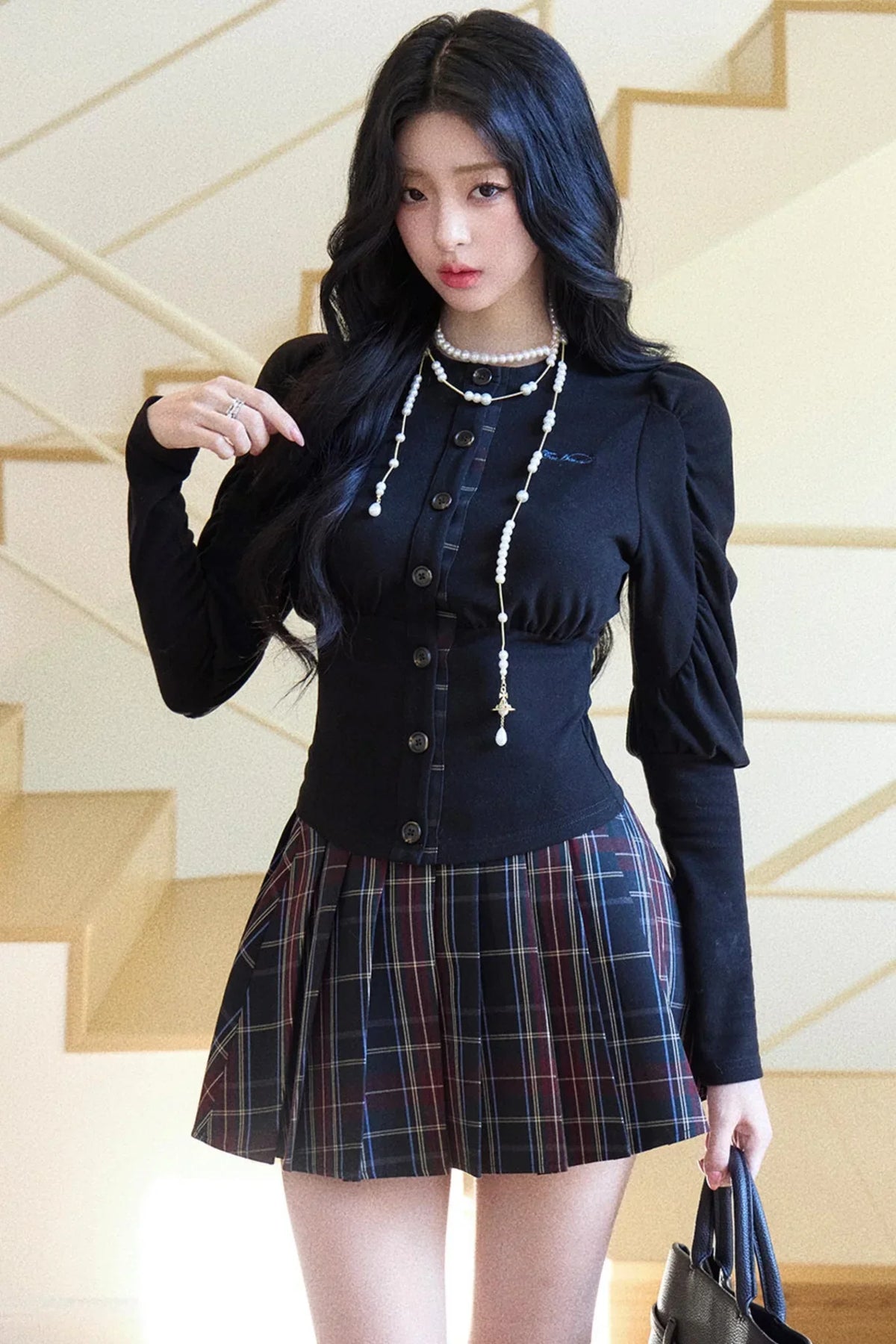 Black Puff Sleeve Shirt With Belt Set-Up