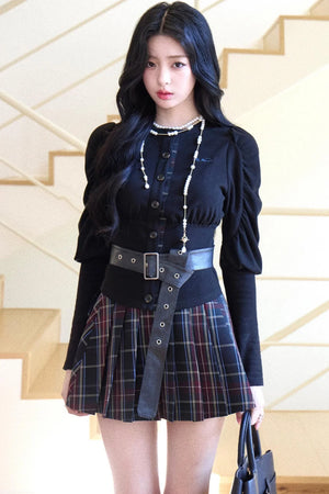 Black Puff Sleeve Shirt With Belt Set-Up