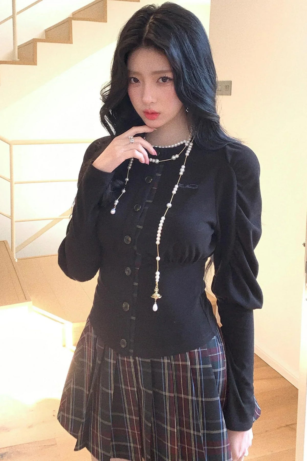 Black Puff Sleeve Shirt With Belt Set-Up