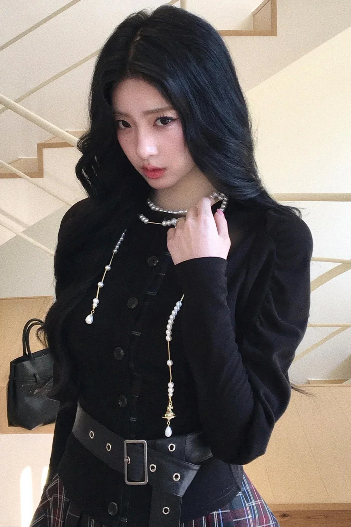 Black Puff Sleeve Shirt With Belt Set-Up