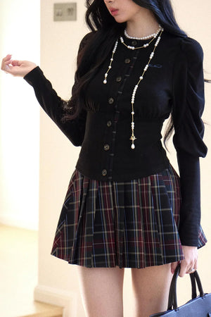 Black Puff Sleeve Shirt With Belt Set-Up