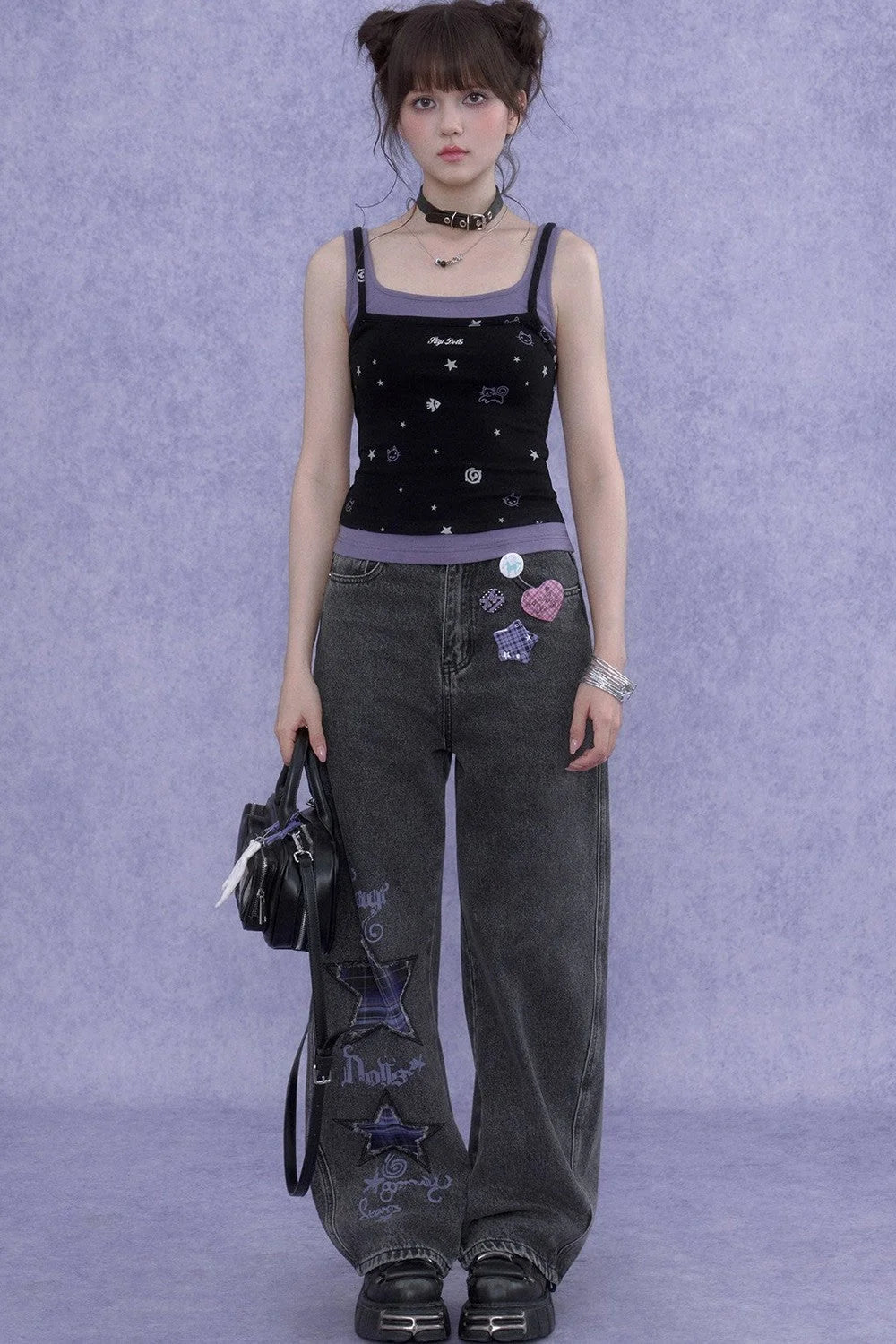 Black Purple Cutout Camisole Set-Up