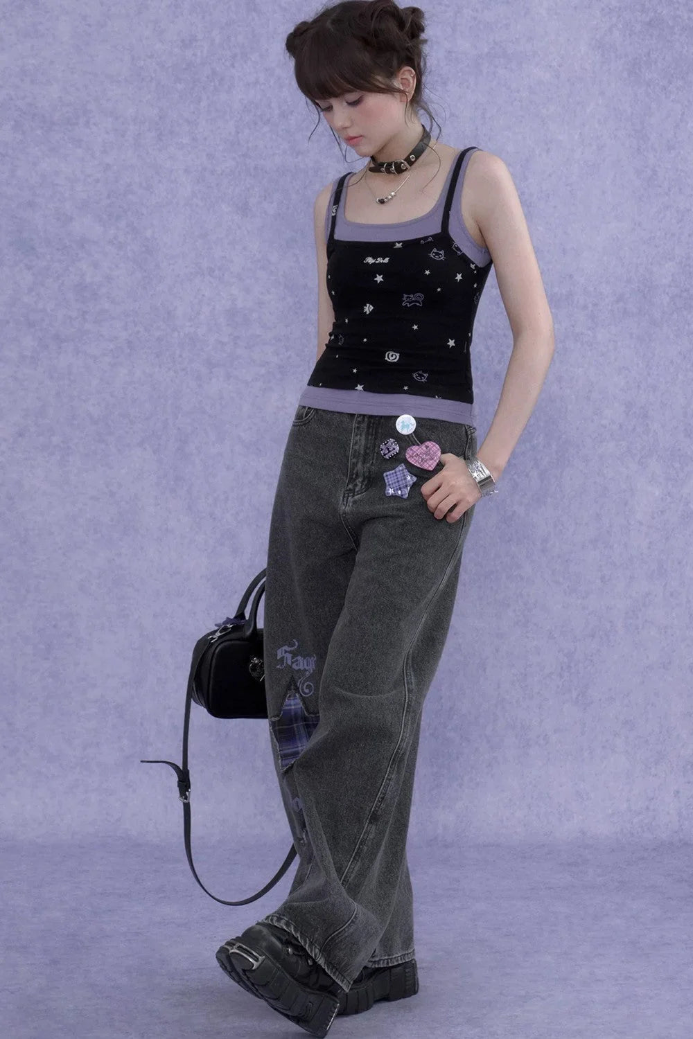 Black Purple Cutout Camisole Set-Up