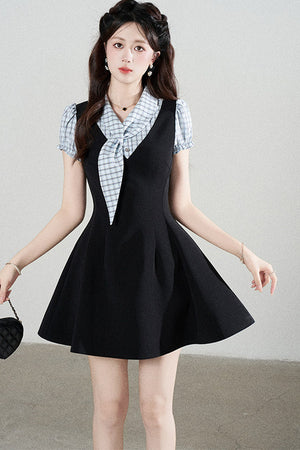 Black Short-Sleeved Patchwork Plaid A-Line Dress