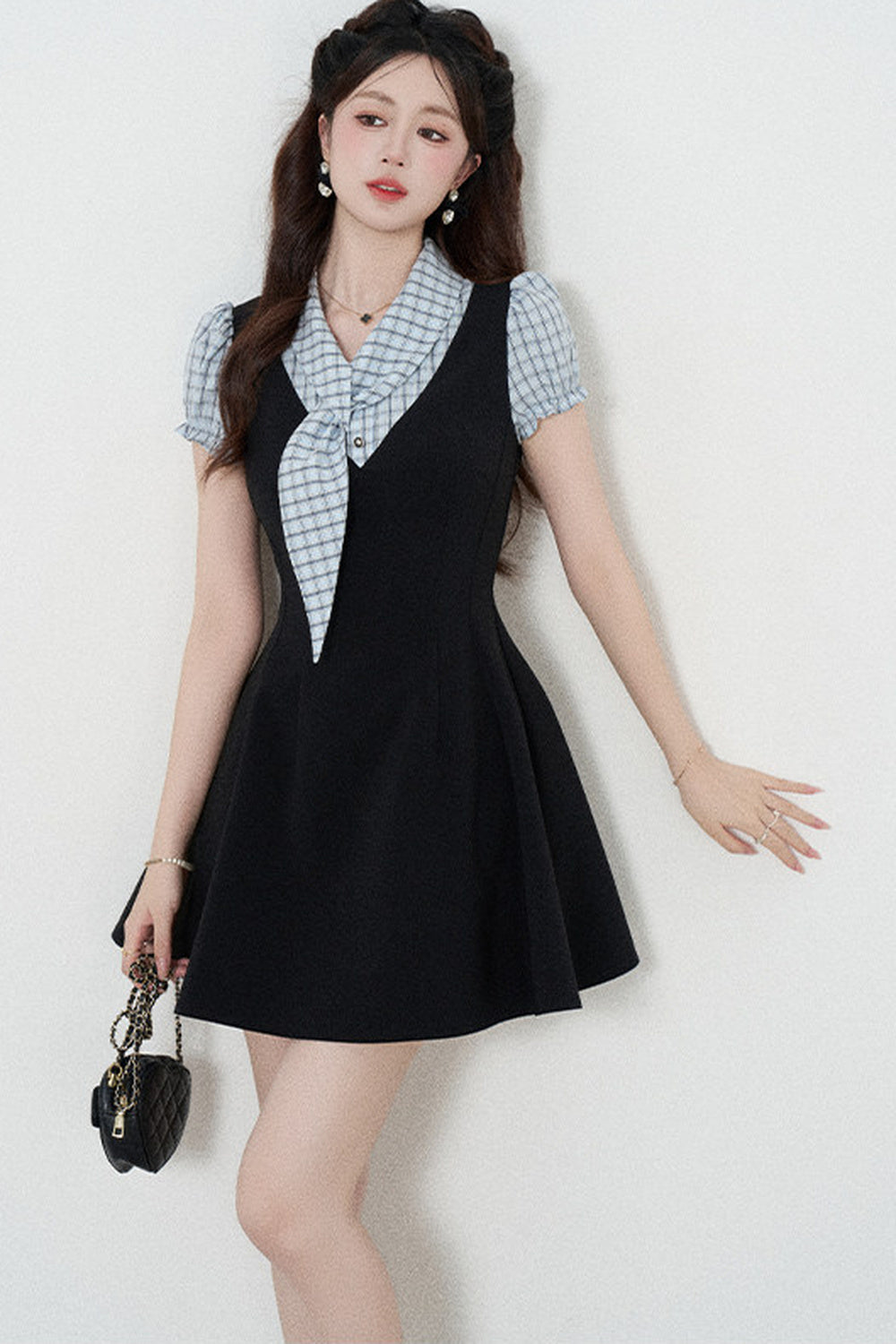 Black Short-Sleeved Patchwork Plaid A-Line Dress