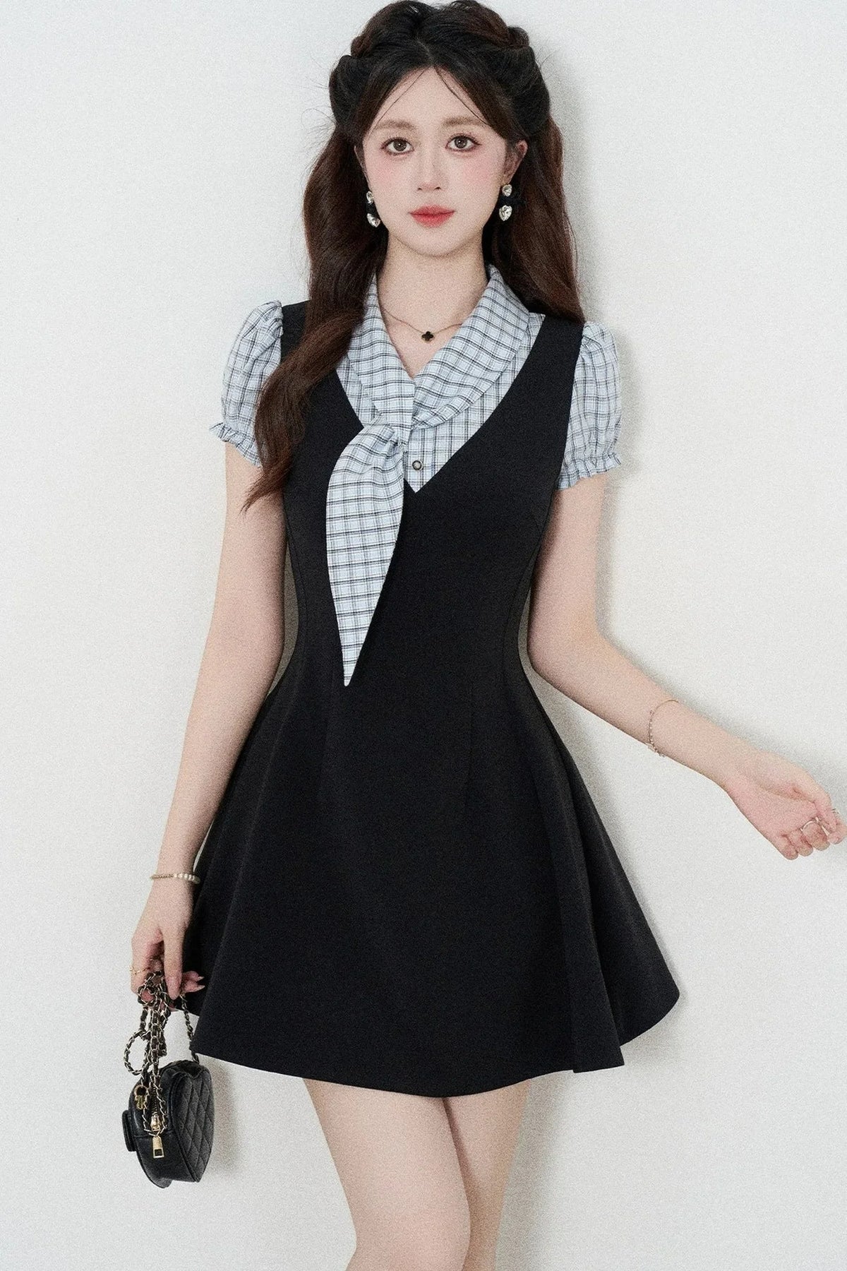 Black Short-Sleeved Patchwork Plaid A-Line Dress
