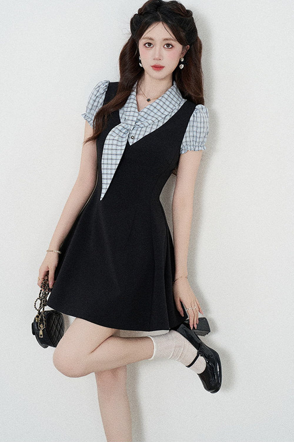Black Short-Sleeved Patchwork Plaid A-Line Dress