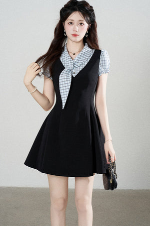 Black Short-Sleeved Patchwork Plaid A-Line Dress