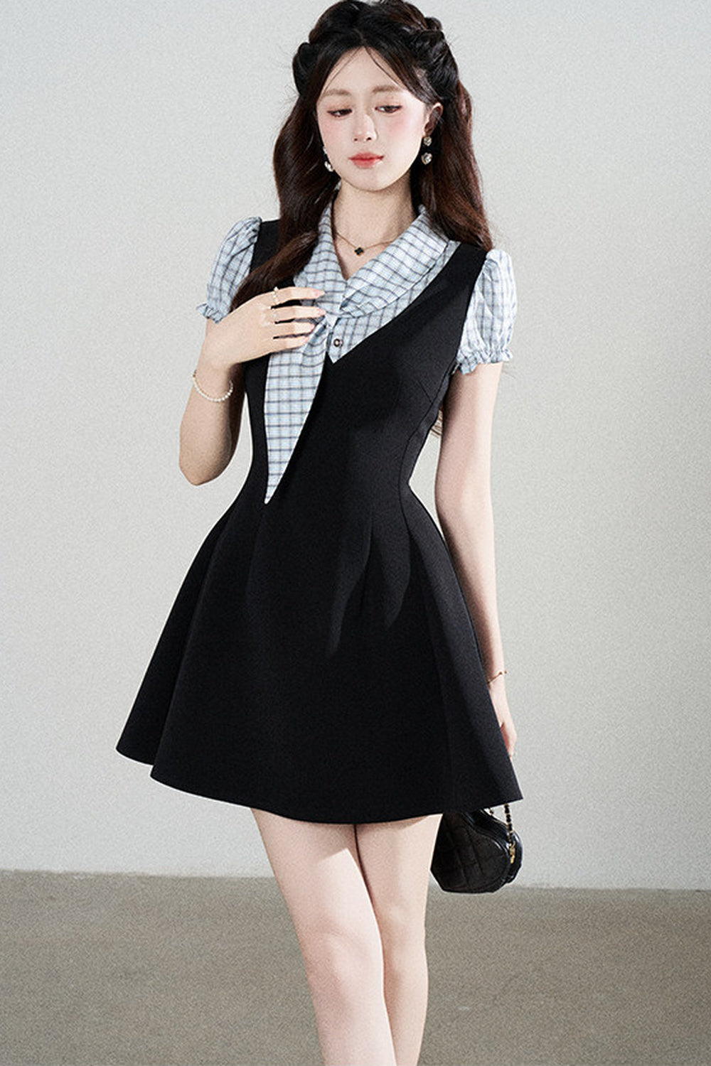Black Short-Sleeved Patchwork Plaid A-Line Dress