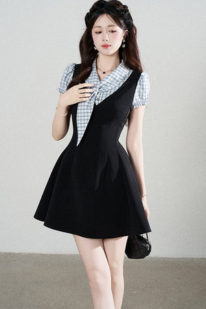 Black Short-Sleeved Patchwork Plaid A-Line Dress