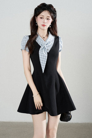 Black Short-Sleeved Patchwork Plaid A-Line Dress