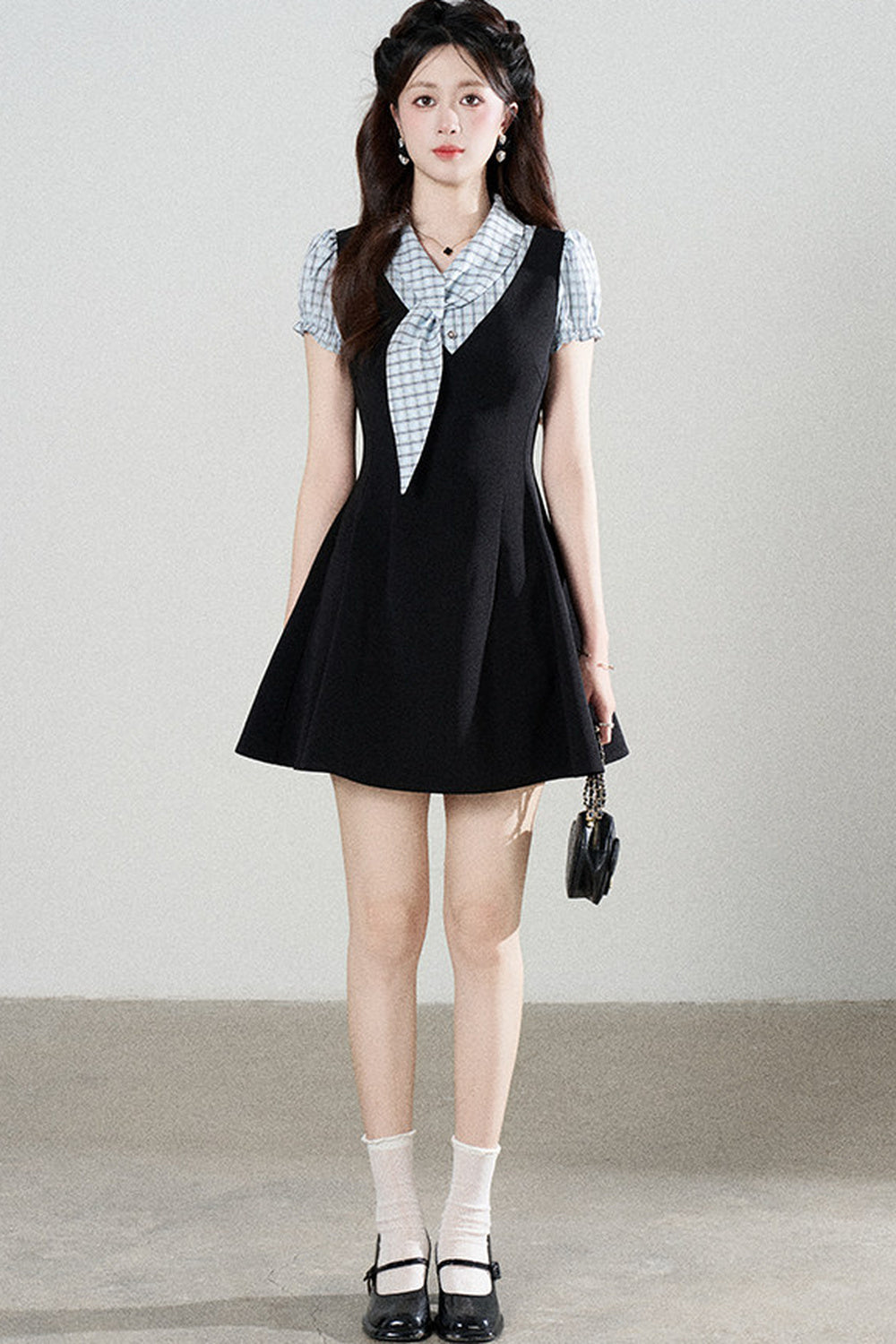 Black Short-Sleeved Patchwork Plaid A-Line Dress