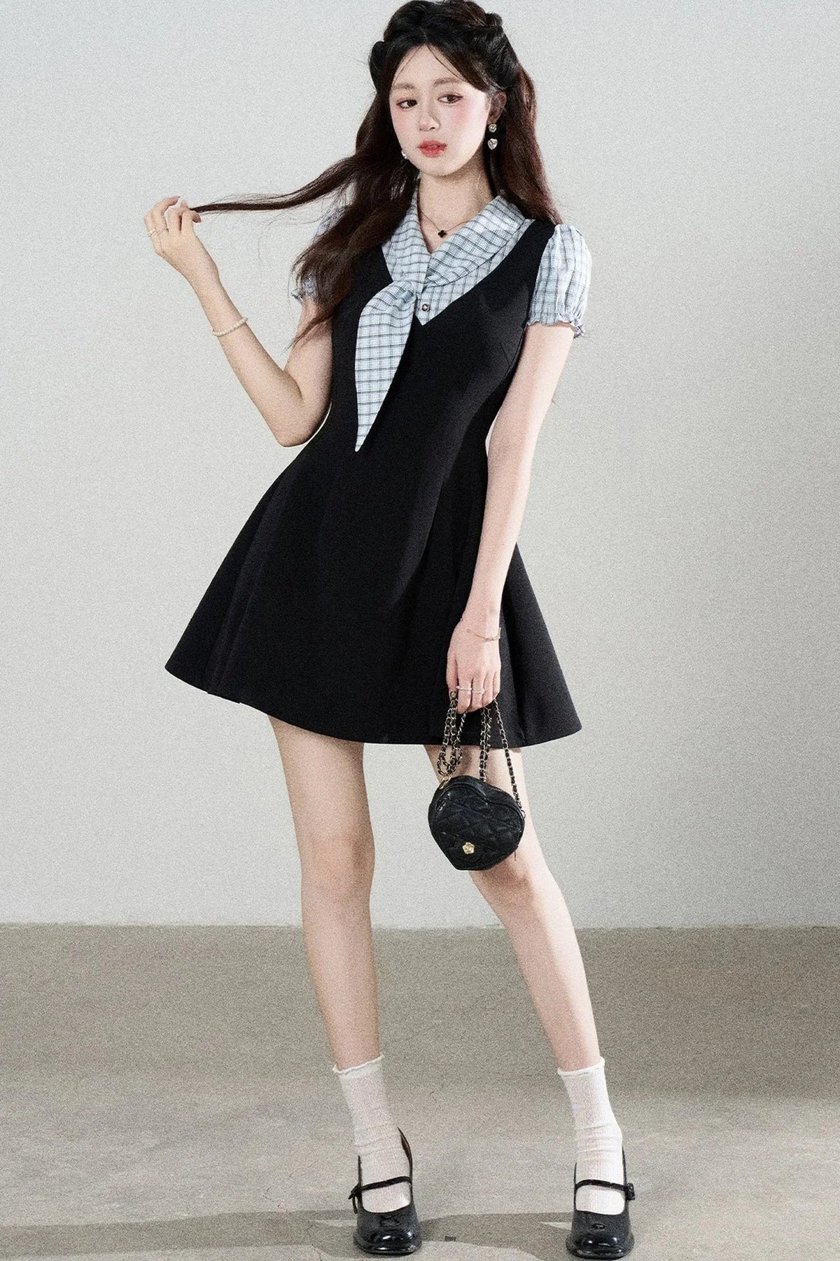Black Short-Sleeved Patchwork Plaid A-Line Dress