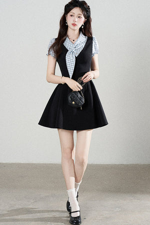Black Short-Sleeved Patchwork Plaid A-Line Dress