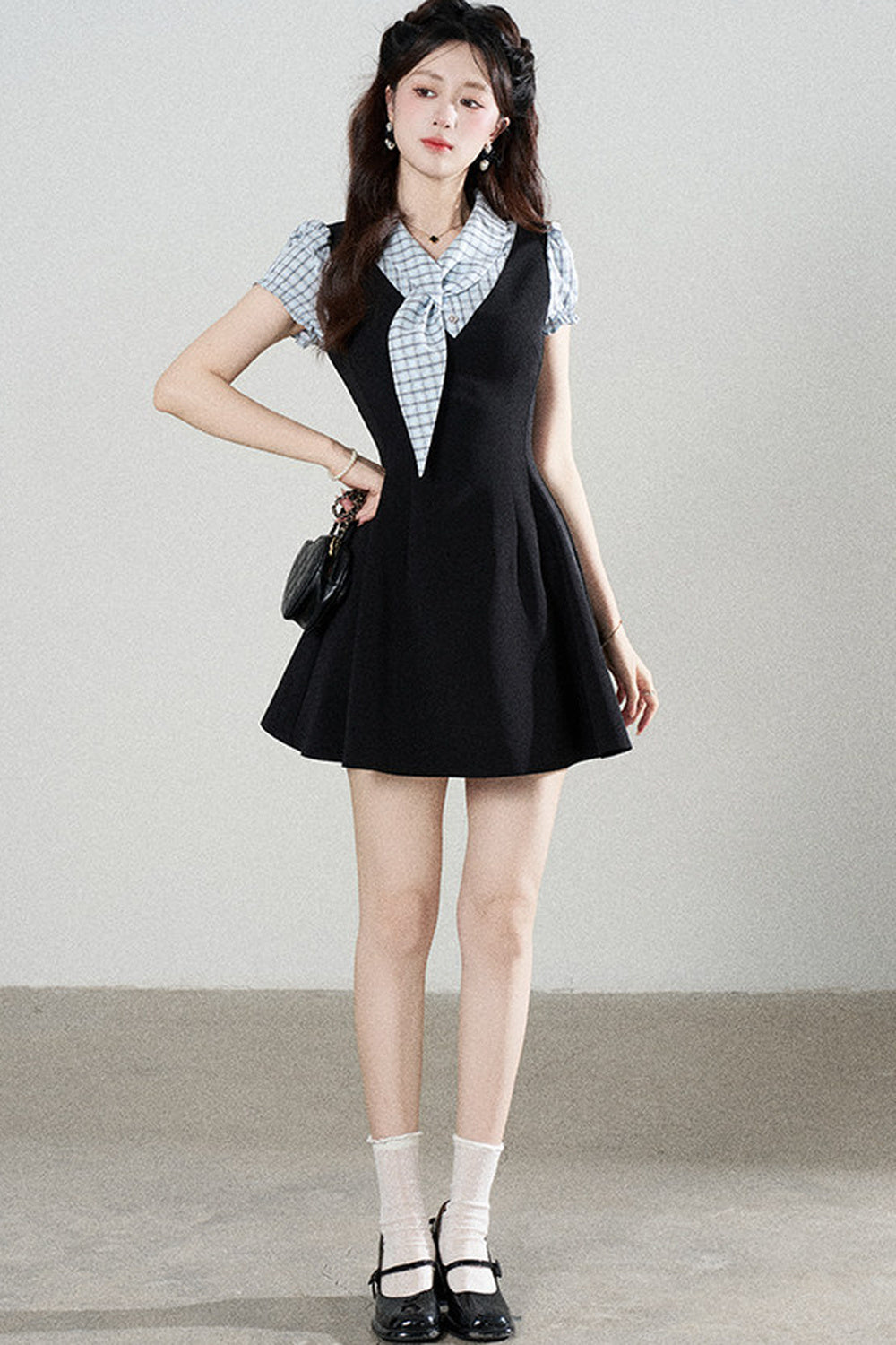 Black Short-Sleeved Patchwork Plaid A-Line Dress