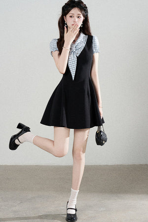 Black Short-Sleeved Patchwork Plaid A-Line Dress