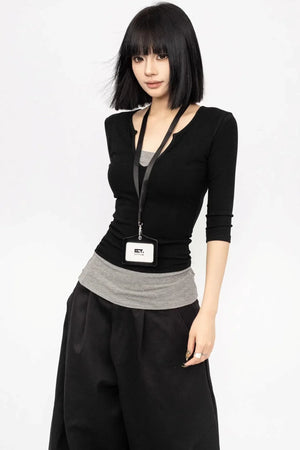 Black Slim Fit V-Neck Blouse
