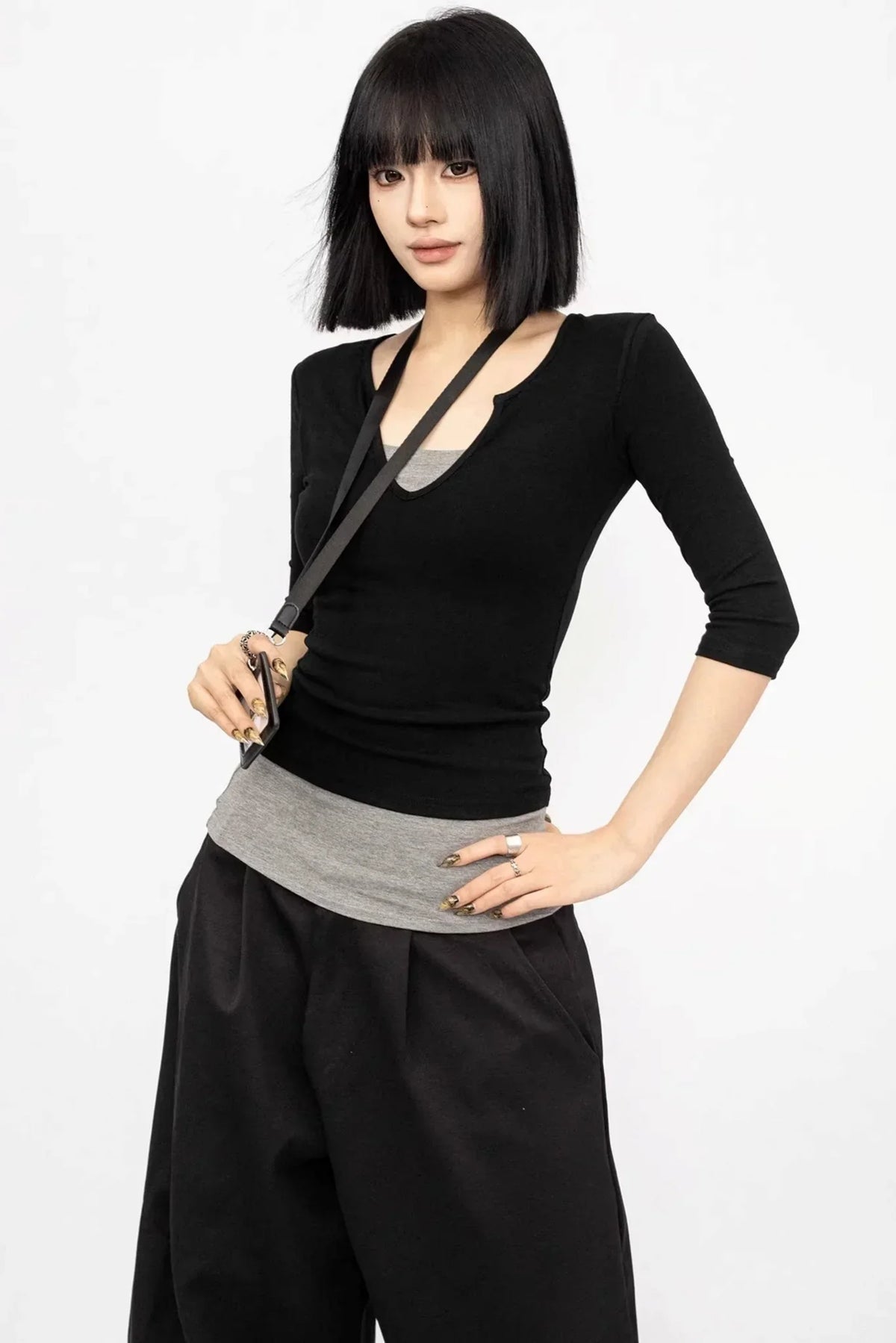 Black Slim Fit V-Neck Blouse