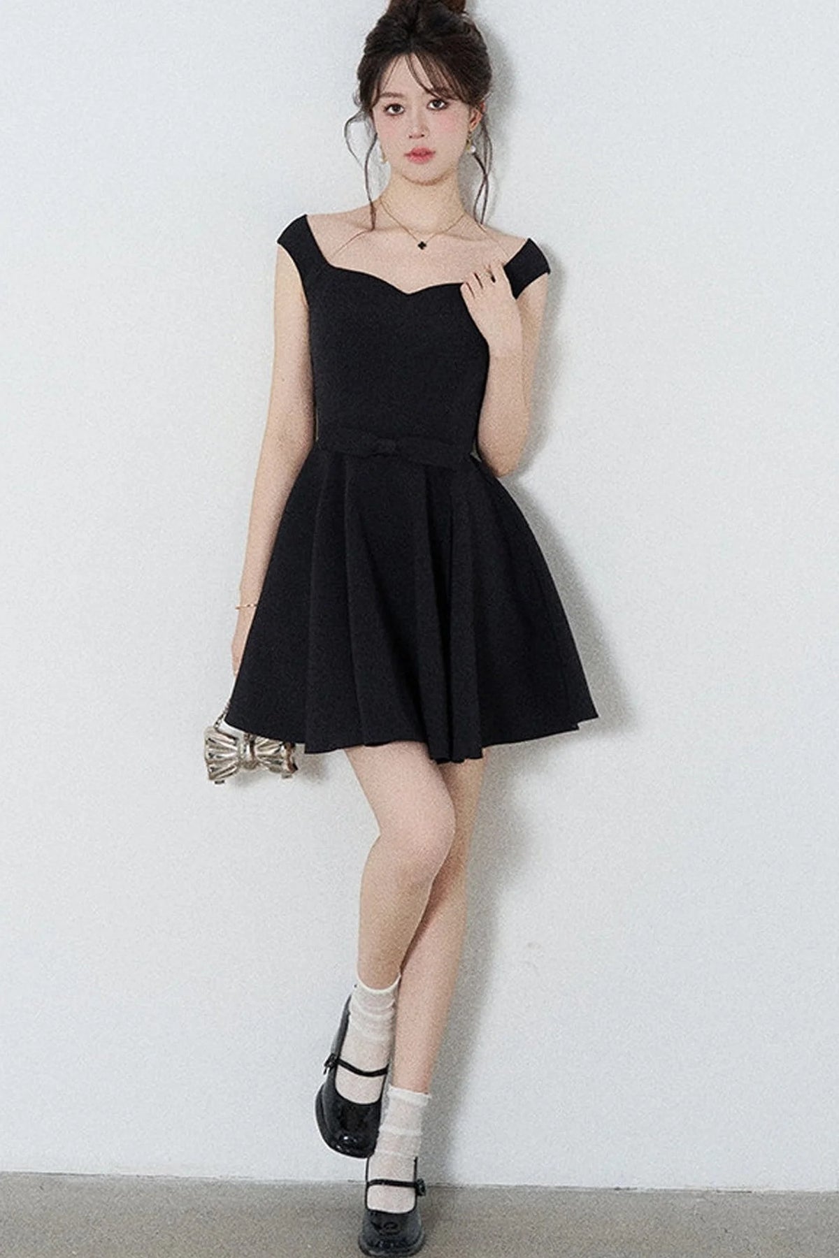Black Square-Neck Puffy A-Line Dress