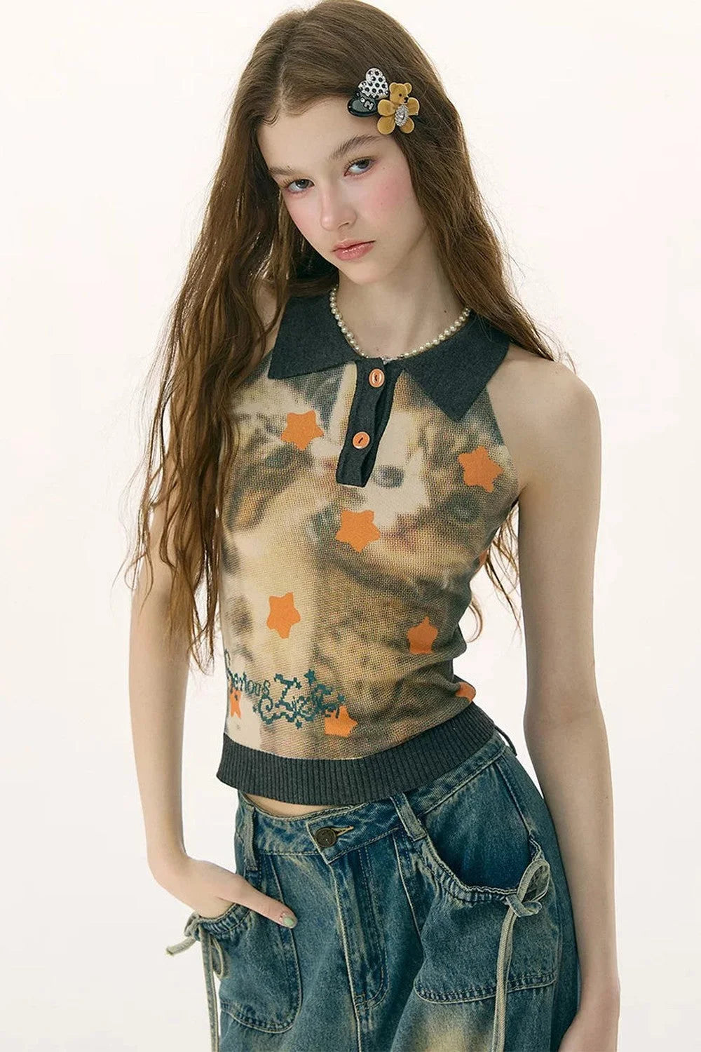 Black Star Cat Polo Knit Vest