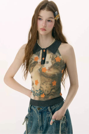Black Star Cat Polo Knit Vest