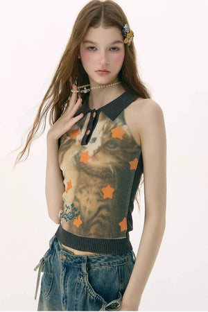Black Star Cat Polo Knit Vest