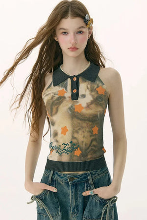 Black Star Cat Polo Knit Vest