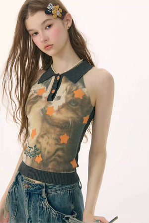 Black Star Cat Polo Knit Vest