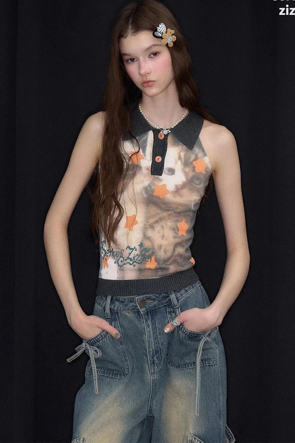 Black Star Cat Polo Knit Vest