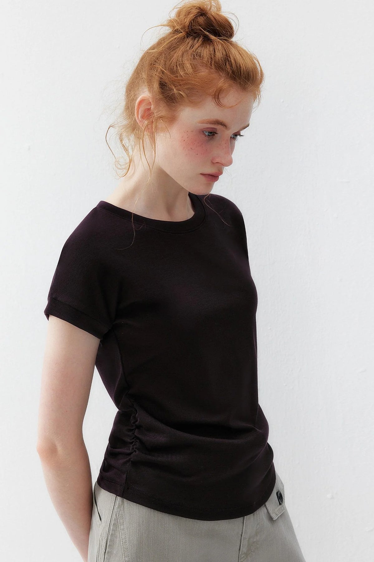 Black Stretchy Lyocell Round Neck T-Shirt