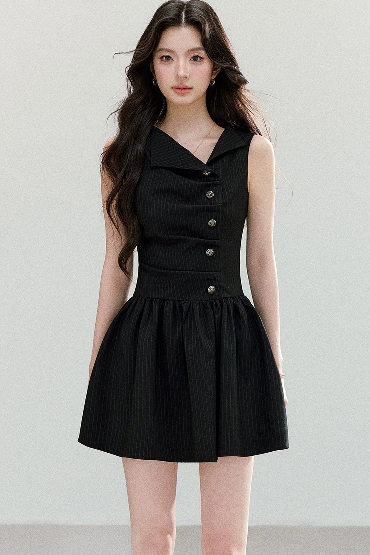Black Striped V-Neck Sleeveless A-Line Dress