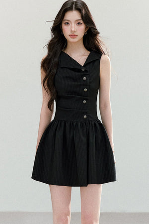Black Striped V-Neck Sleeveless A-Line Dress