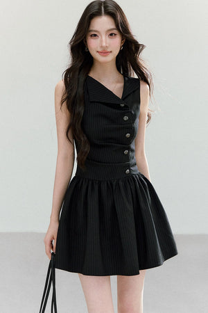 Black Striped V-Neck Sleeveless A-Line Dress
