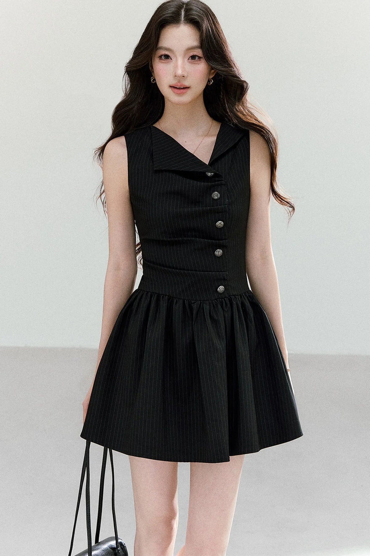 Black Striped V-Neck Sleeveless A-Line Dress