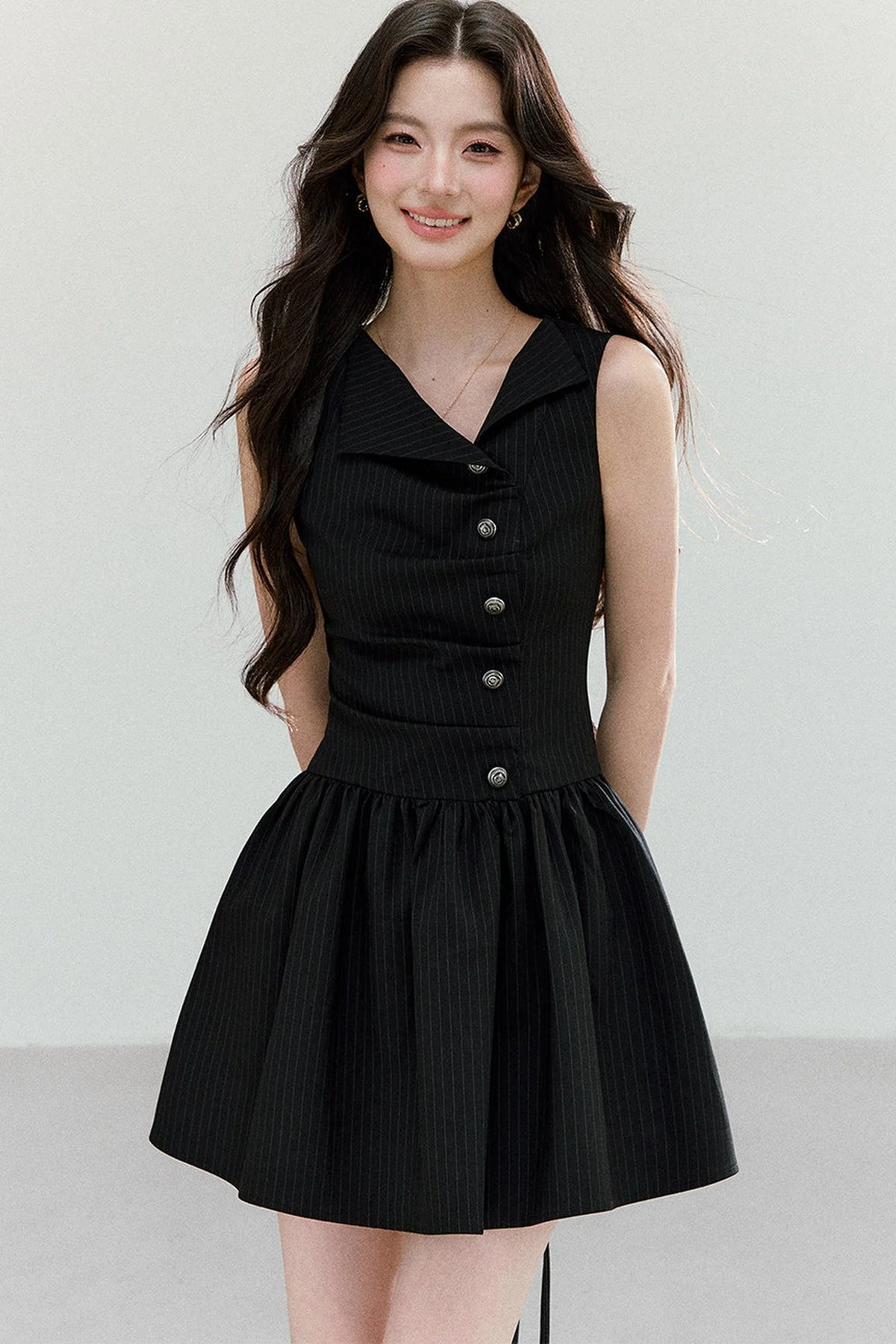 Black Striped V-Neck Sleeveless A-Line Dress