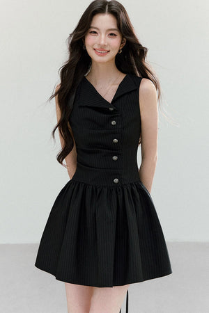 Black Striped V-Neck Sleeveless A-Line Dress