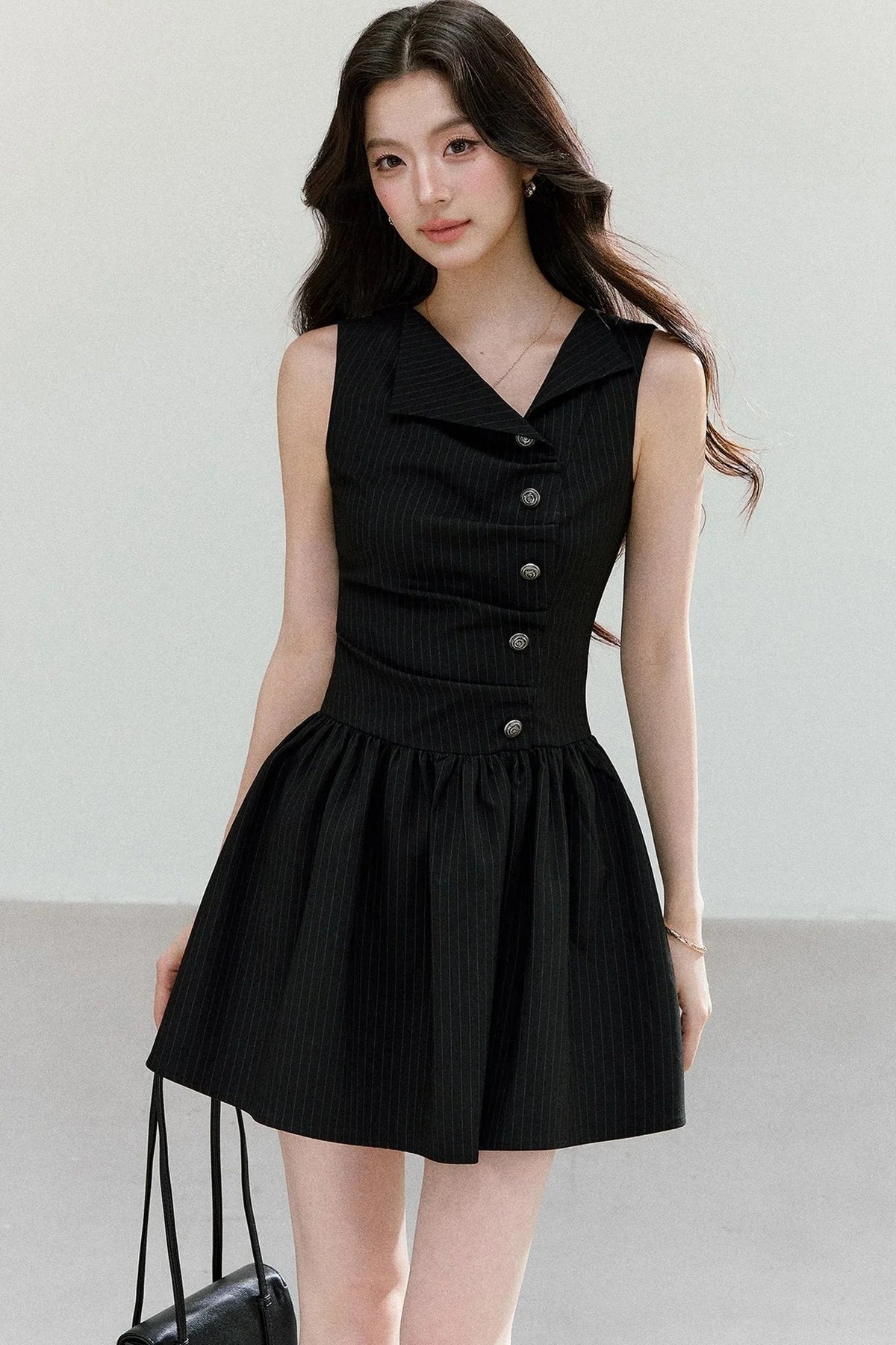Black Striped V-Neck Sleeveless A-Line Dress