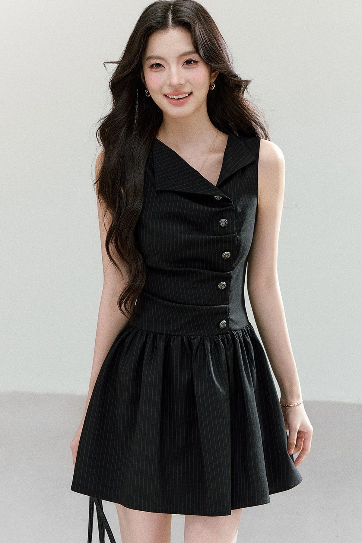 Black Striped V-Neck Sleeveless A-Line Dress