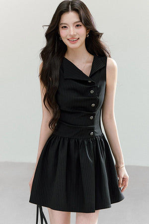 Black Striped V-Neck Sleeveless A-Line Dress