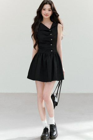 Black Striped V-Neck Sleeveless A-Line Dress
