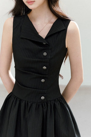 Black Striped V-Neck Sleeveless A-Line Dress