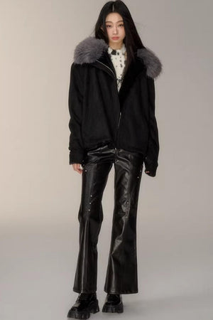Black Suede Fur Collar Jacket