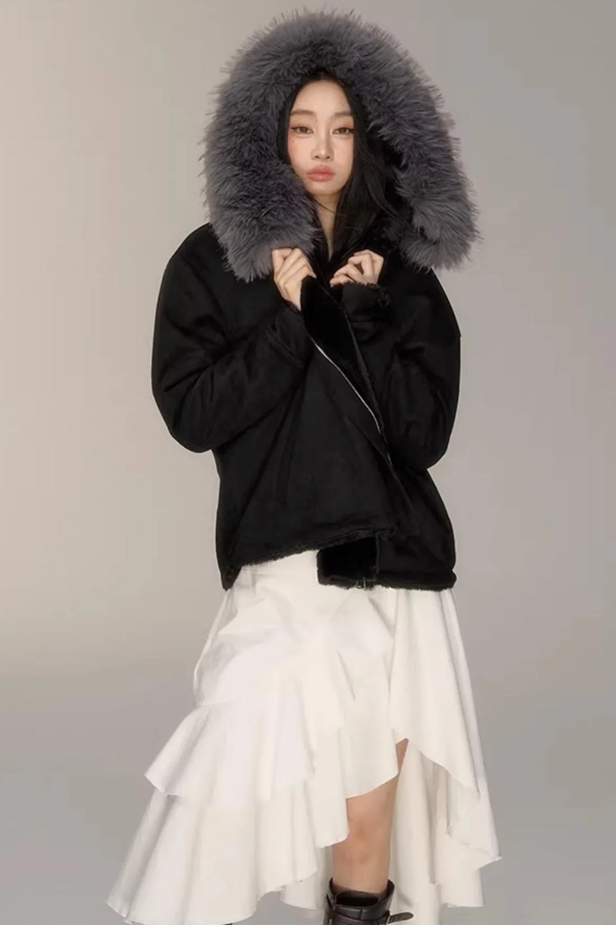 Black Suede Fur Collar Jacket